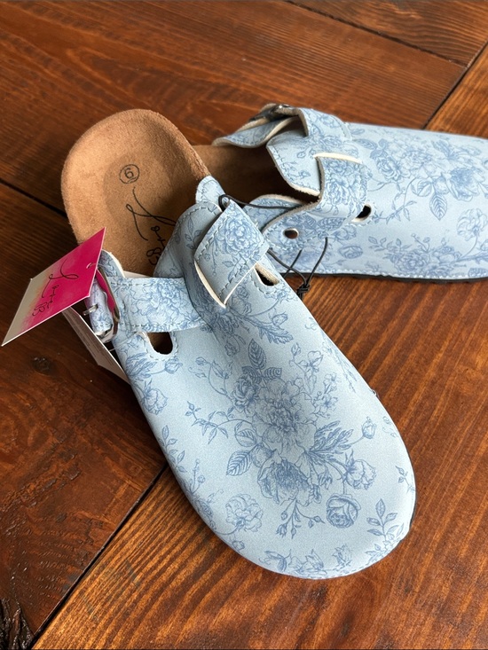 Charming Charlie Shoes - Charming Charlie Light Blue Floral Clog Mule with Buckle